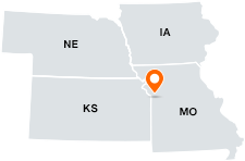 A U.S. map image of the CRS central region: Nebraska, Iowa, Kansas, and Missouri. A target icon appears on the map to indicate the location of the CRS regional office located in Kansas City, Missouri.