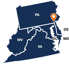 A U.S. map image of the Mid-Atlantic Region: Pennsylvania, West Virginia, District of Columbia, Maryland, and Delaware. A target icon indicates the location of the CRS Regional Office in Philadelphia, Pennsylvania.  