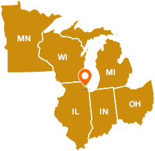 A U.S. map image of the Midwestern Region: Michigan, Minnesota, Wisconsin, Illinois, Indiana, and Ohio. A target icon indicates the CRS Midwestern Regional office in Chicago, Illinois.  