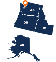 A U.S. map image of the CRS Northwestern Region: Washington, Oregon, Idaho, and Alaska. A target icon on the map indicates the location of the CRS Regional Office in Seattle, Washington. 