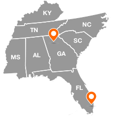 U.S. map graphic of the CRS Southeastern region, which includes Kentucky, Tennessee, South Carolina, North Carolina, Florida, Georgia, Mississippi, and Alabama.    