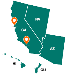A U.S. map of the CRS Western region: California, Nevada, Arizona, Hawaii, and Guam. Directional icons indicate the location of the regional office (Los Angeles) and field office (San Francisco). 