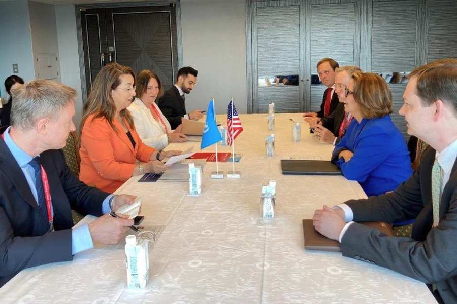 Deputy Attorney General Lisa O. Monaco speaks during a bilateral meeting with Justice Ministers from other countries.