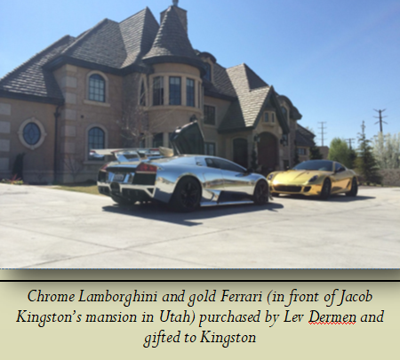Chrome Lamborghini and gold Ferrari (in front of Jacob Kingston’s mansion in Utah) purchased by Lev Dermen and gifted to Kingston 