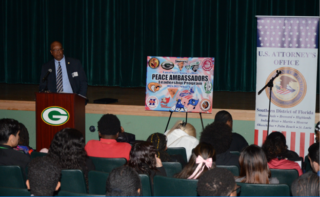 Law Enforcement Coordination and Community Outreach Section Chief J.D. Smith presents to area high school students on the USAO Peace Ambassador Leadership Program. This program encourages and helps students become leaders in their communities.