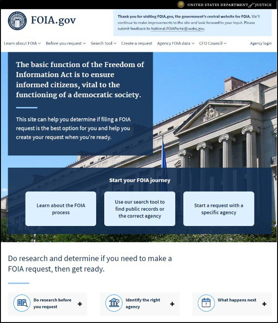 screenshot of the homepage for FOIA.gov