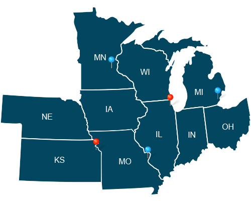 A map of the CRS Midwest Region: NE, KS, MN, IA, MO, WI, IL, MI, IN,OH