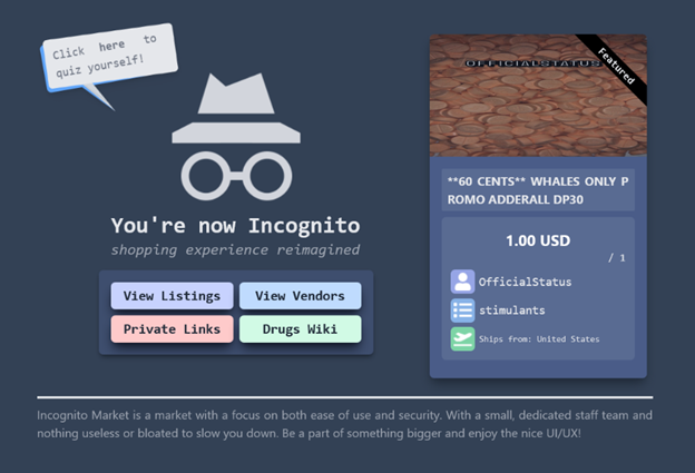 Incognito Market splash page and graphic interface