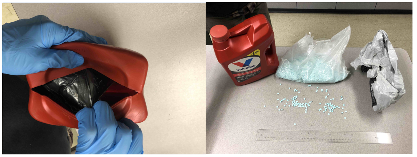 a red plastic oil container that contained the fentanyl pills. Dana had cut the bottom portion of the container along the seam to create a small opening where he inserted the drugs
