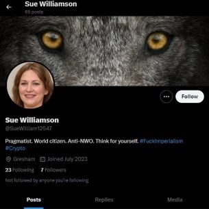 Graphical user interface of X user profile, Sue Williamson of city identified as “Gresham”