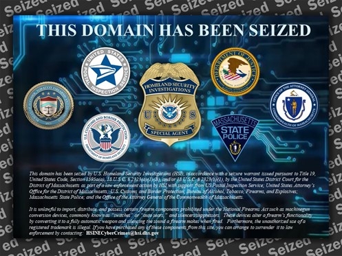 Image of a website domain seizure notice, reading: THIS DOMAIN HAS BEEN SEIZED. Displaying the seals from numerous law enforcement agencies. 