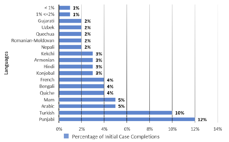 Fiscal Year bar graph illustrating Initial Case Completions: Compositions of "Other Languages."