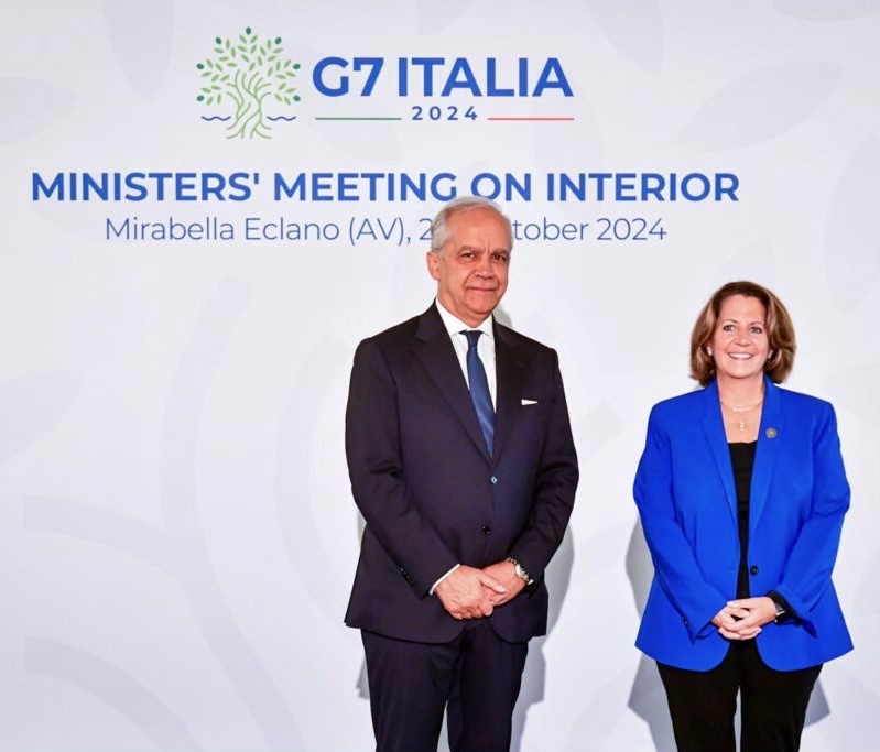 Italian Minister of the Interior Matteo Piantedosi welcoming Deputy AG Monaco to the G7 Ministerial. Photo credit: Italian Ministry of the Interior. 