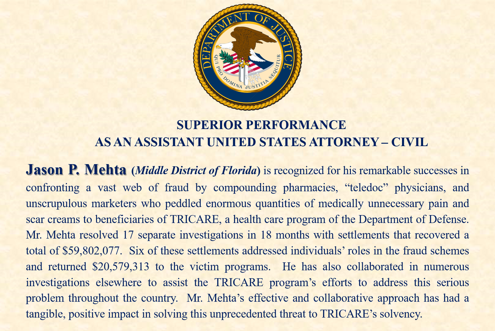 Superior Performance by AUSA Mehta