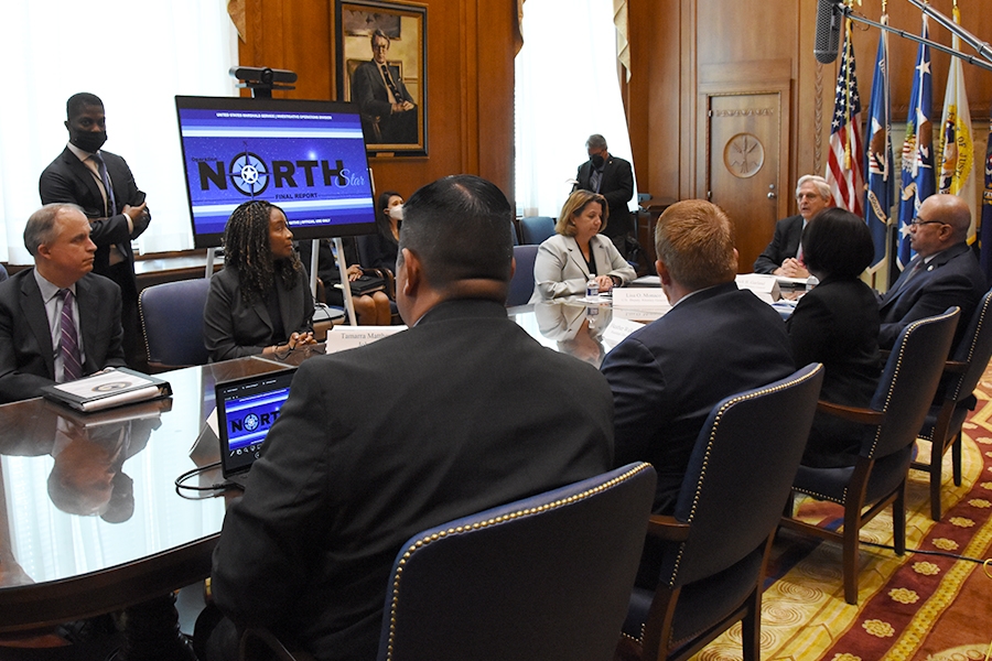 Attorney General Merrick B. Garland addresses officials associated with Operation North Star in the Attorney General’s Conference Room at The Department of Justice.