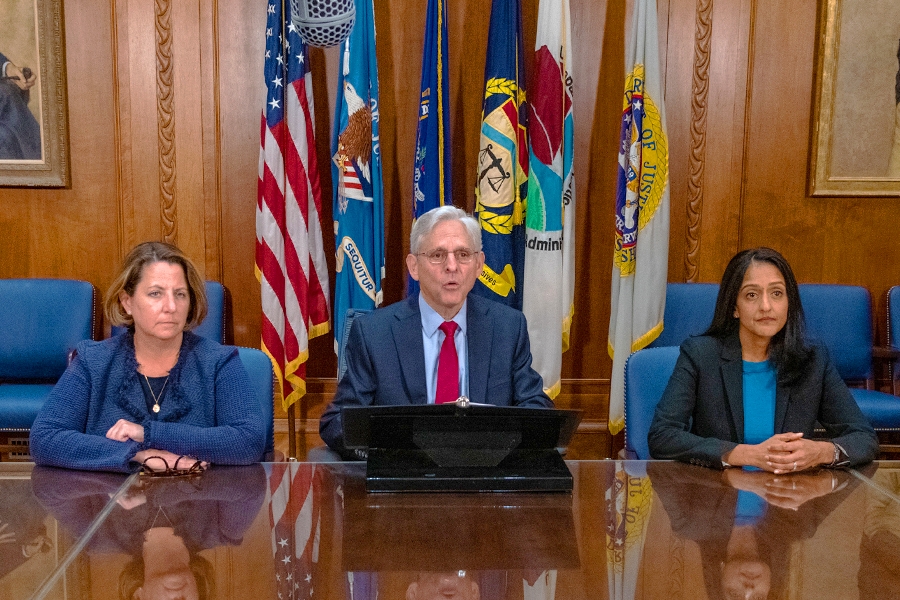 Attorney General Merrick B. Garland speaks among Justice Department officials in the Attorney General’s conference room