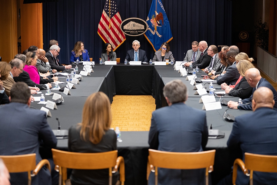 Attorney General Garland, Deputy Attorney General Monaco, and Associate Attorney General Gupta meet with law enforcement leaders including leaders of ATF, DEA, FBI, and US Marshals.