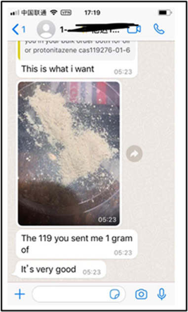 Catis’ electronic media; screenshot reflecting Catis’ drug trafficking, including chats with Chinese chemical company sales representatives.