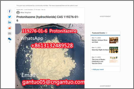 Catis’ electronic media; screenshot of advertisements from Chinese chemical companies selling protonitazene