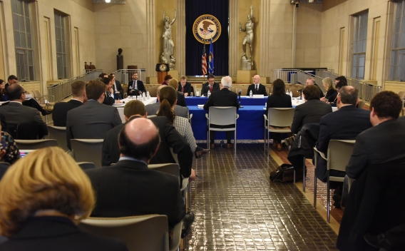 Antitrust Division staff, Roundtable Participants, and members of the public participating in the Public Roundtable Discussion Series on Deregulation & Antitrust Law in the Great Hall of the Main Justice Building