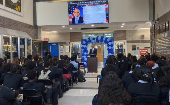 U.S. Attorney speaking at the Bronx School for Law, Government, and Justice