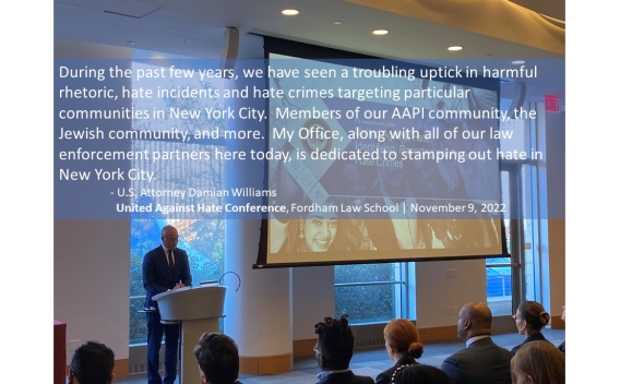 U.S. Attorney Damian Williams speaking at the United Against Hate Conference at Fordham Law School