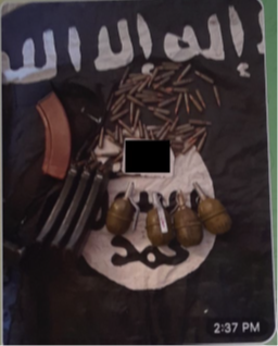 Screenshots from a video depicting tactical gear, ammunition, and grenades on top of an ISIS flag
