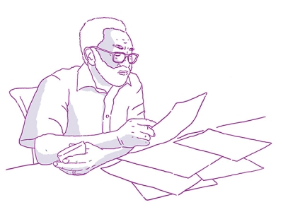 Illustration of a man reviewing papers