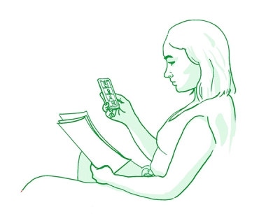 Illustration of a woman holding phone and papers