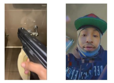 Photo 1: gun pointed at wall; Photo 2: Man wearing a hat with green visor