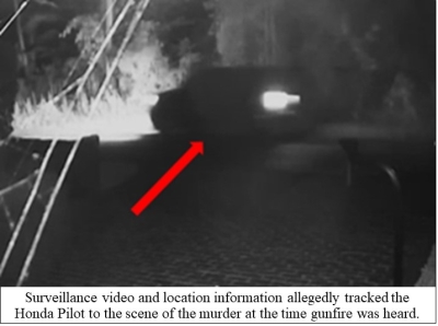 Surveillance video and location information allegedly tracked the Honda Pilot to the scene of the murder at the time gunfire was heard.