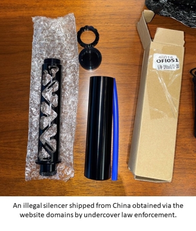 Image of a black tube and narrow cardboard box. Text reads: An illegal silencer shipped from China obtained via the website domains by undercover law enforcement.