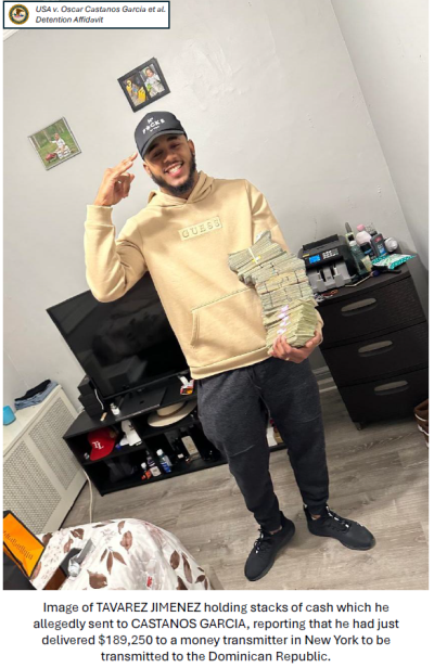 Image of TAVAREZ JIMENEZ holding stacks of cash which he allegedly sent to CASTANOS GARCIA, reporting that he had just delivered $189,250 to a money transmitter in New York to be transmitted to the Dominican Republic.