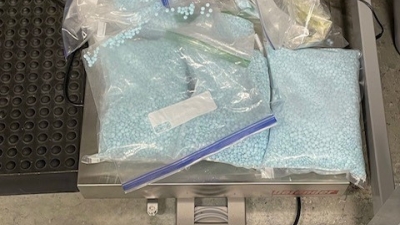 Seized blue fentanyl pills on a scale