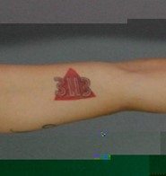 Tattoo on arm of a red triangle with the numbers "3113"