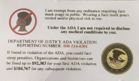 Fraudulent card claiming exemption from face mask requirements under ADA