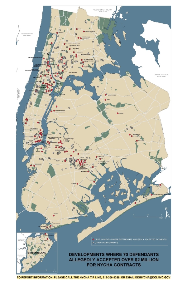 NYCHA map listing locations where defendants allegedly accepted payments