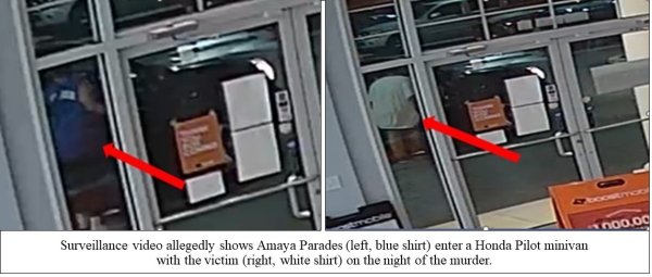 Surveillance video allegedly shows Amaya Parades (left, blue shirt) enter a Honda Pilot minivan with the victim (right, white shirt) on the night of the murder.