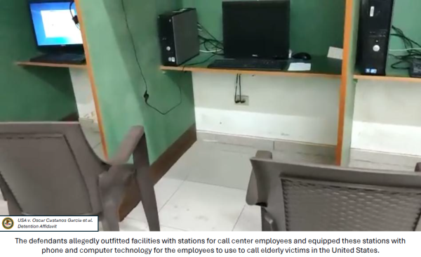 The defendants allegedly outfitted facilities with stations for call center employees and equipped these stations with phone and computer technology for the employees to use to call elderly victims in the United States.