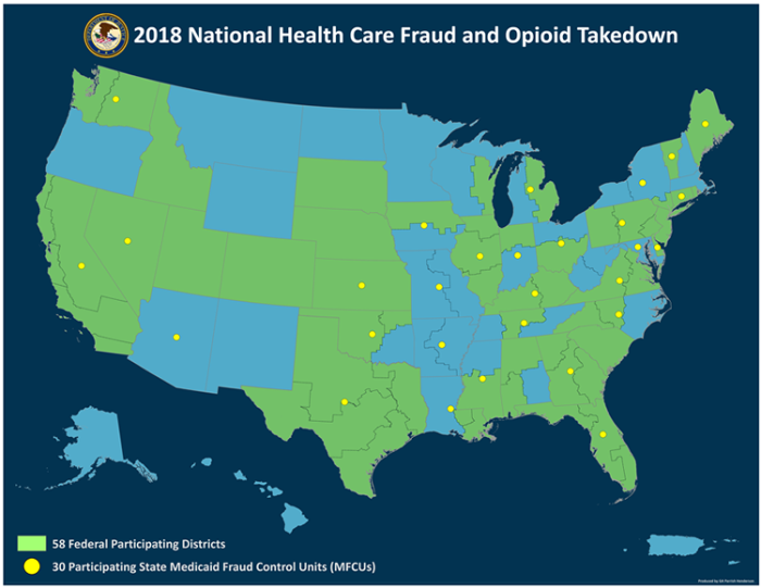 Map of the U.S. showing 58 federal participating districts and 30 participating state medicaid fraud control units