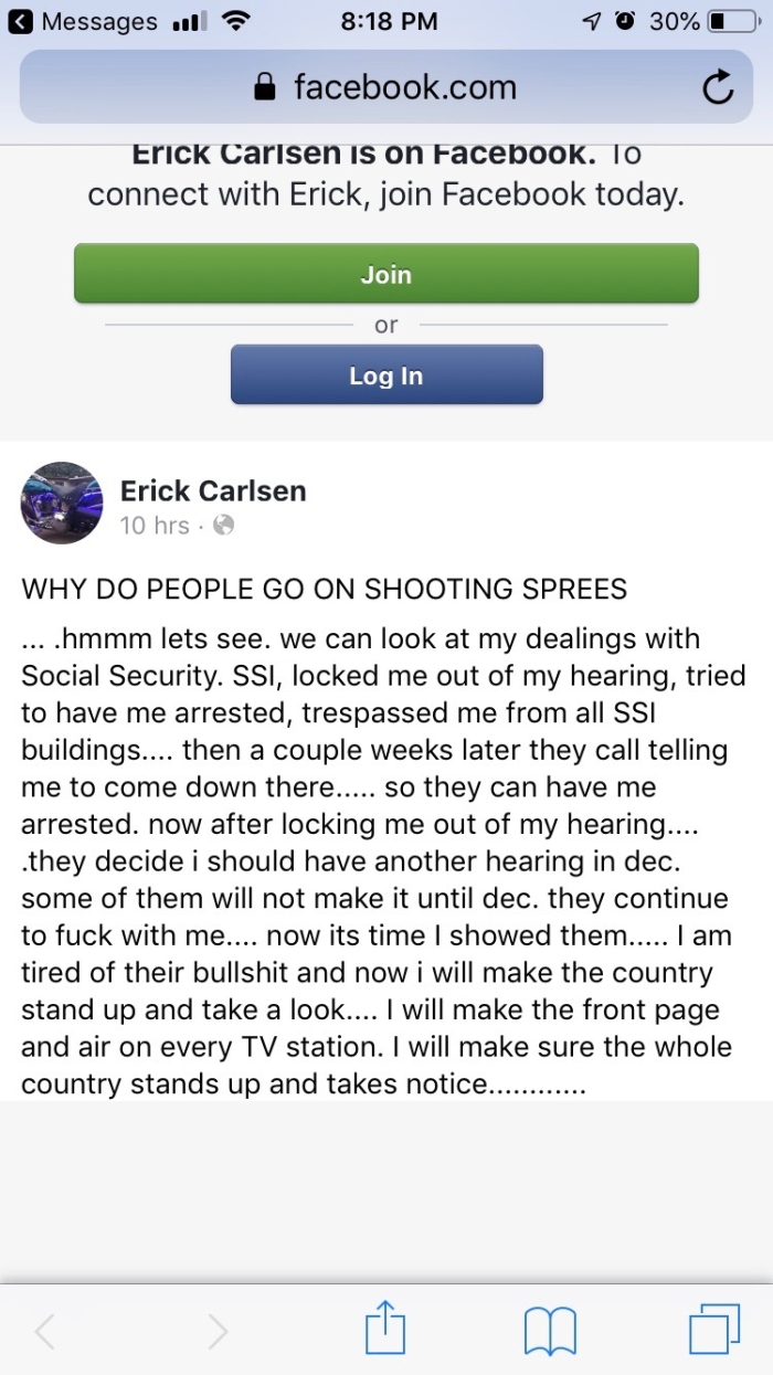 Screenshot of a Facebook post threatening to attack the Social Security Administration