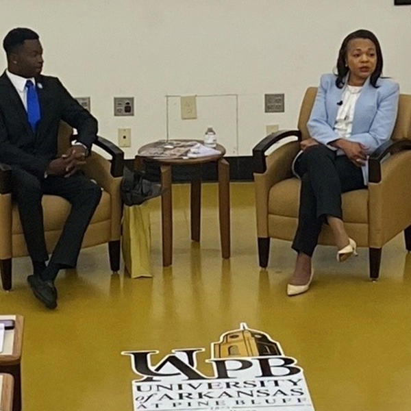 Assistant Attorney General Clarke speaking at fireside chat at University of Arkansas Pine Bluff.