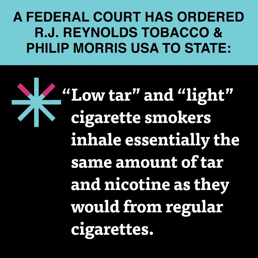 A two color, square sign, aqua above and black below, with a distinctive asterisk symbol on the left side, in which two of lines look like cigarettes. Black text in the aqua portion reads “A Federal court has ordered R.J. Reynolds Tobacco & Philip Morris USA to state:” and white text in the black portion reads: “’Low tar’ and ‘light’ cigarette smokers inhale essentially the same amount of tar and nicotine as they would from regular cigarettes.”