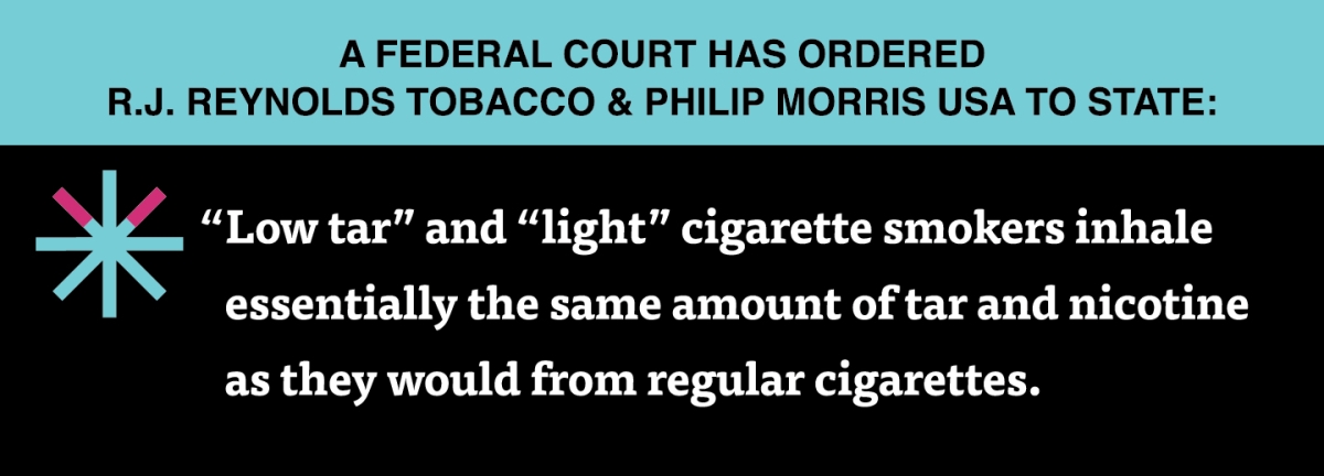 A two color, rectangular sign, aqua above and black below, with a distinctive asterisk symbol on the left side, in which two of lines look like cigarettes. Black text in the aqua portion reads “A Federal court has ordered R.J. Reynolds Tobacco & Philip Morris USA to state:” and white text in the black portion reads: “’Low tar’ and ‘light’ cigarette smokers inhale essentially the same amount of tar and nicotine as they would from regular cigarettes.”