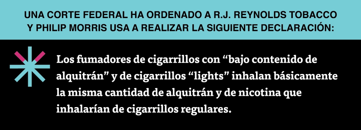 A two color, rectangular sign, aqua above and black below, with a distinctive asterisk symbol on the left side, in which two of lines look like cigarettes. Black text in the aqua portion reads “Una corte federal ha ordenado a R.J. Reynolds Tobacco y Philip Morris USA a realizar la siguiente declaración” and white text in the black portion reads: “Los fumadores de cigarrillos con ‘bajo contenido de alquitrán’ y de cigarrillos ‘lights’ inhalan básicamente la misma cantidad de alquitrán y de…