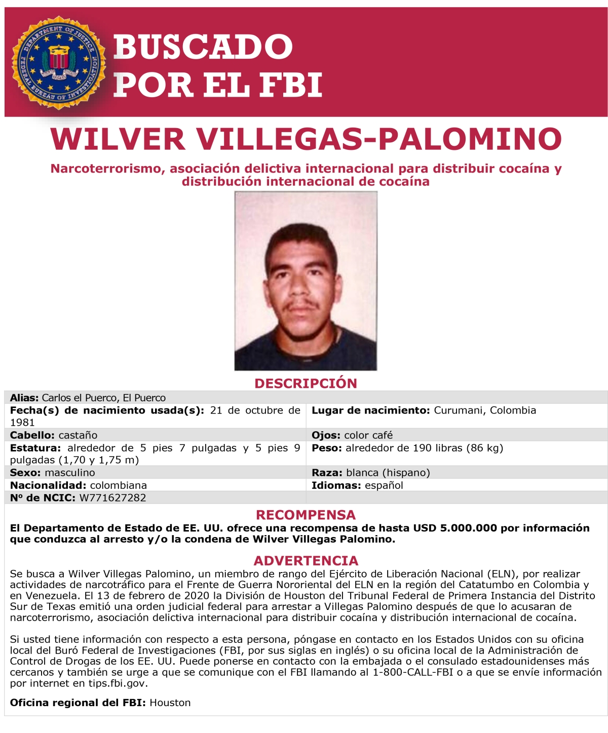 Spanish wanted poster - Wilver Villegas-Palomino 