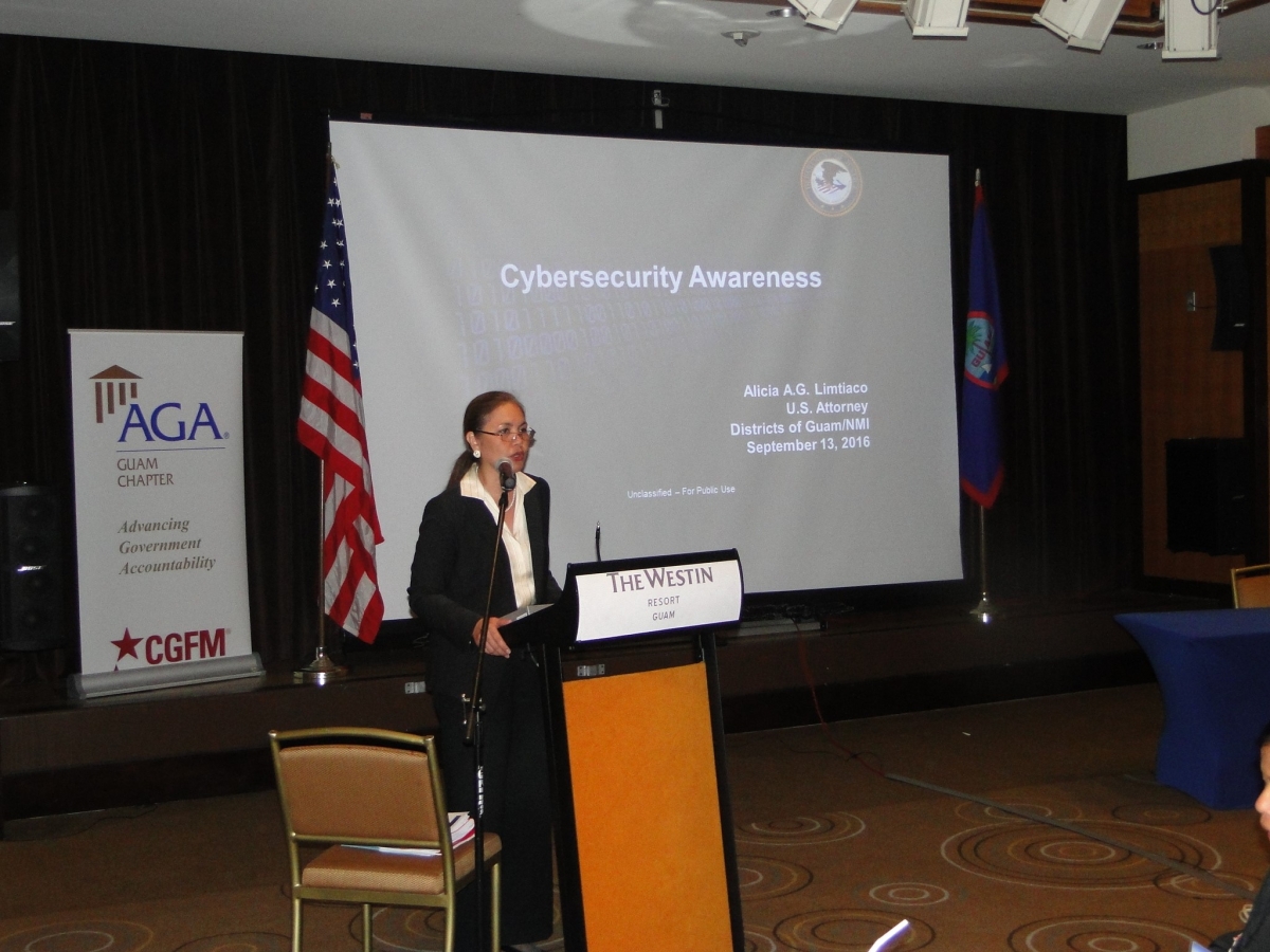 U.S. Attorney Alicia Limtiaco addressing participants at the AGA 8th Bieenial Guam Professional Development Conference Picture of U.S. Attorney Alicia Limtiaco addressing participants at the AGA 8th Bieenial Guam Professional Development Conference