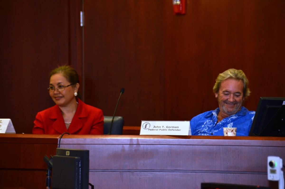 Picture of U.S. Attorney Alicia Limtiaco with Federal Public Defender John Gorman during their discussion on Miranda Rights at the U.S. District Court of Guam