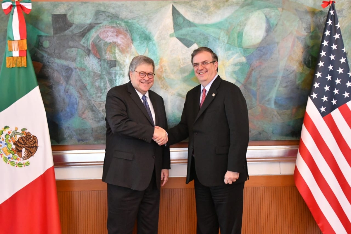 Attorney General Barr with Foreign Minister Marcelo Ebrard Casaubon at the Mexican Foreign Ministry ahead of their bilateral meeting