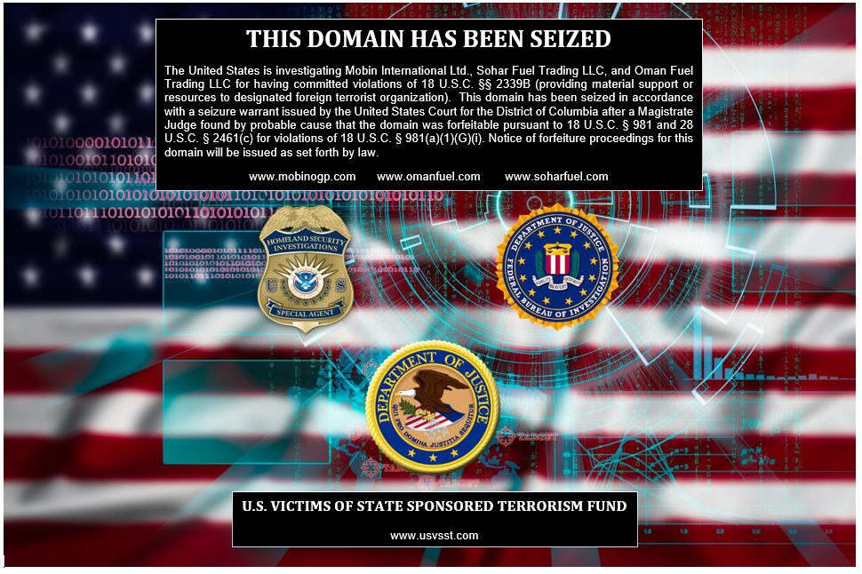 Splash page on seized websites noting control by the U.S. government